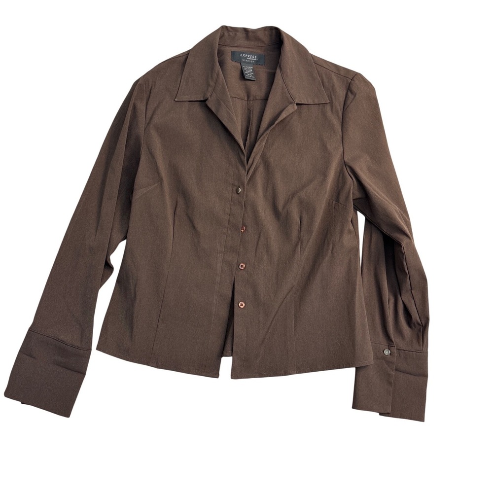Express World Brand Stretch Brown Button Down Long Sleeve Shirt Womens 9/10